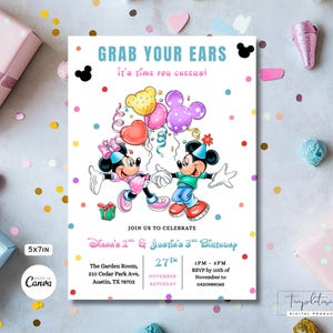 May include: A white invitation card with the text "GRAB YOUR EARS, It's time for cheers!" featuring Mickey and Minnie Mouse. The invitation is for Diana's 2nd and Justin's 3rd birthday. The card is 12.7 x 17.8 cm.