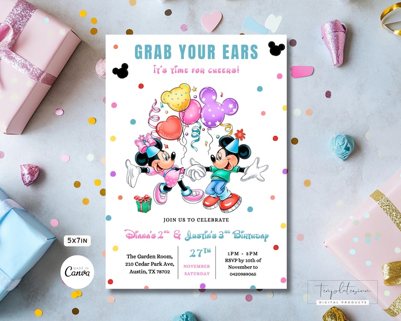 May include: A white invitation card with the text "GRAB YOUR EARS, It's time for cheers!" featuring Mickey and Minnie Mouse. The invitation is for Diana's 2nd and Justin's 3rd birthday. The card is 12.7 x 17.8 cm.