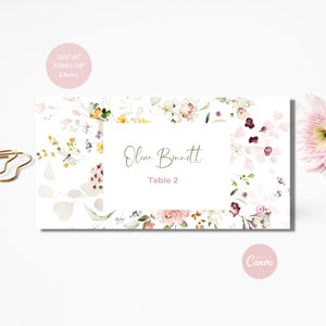 Plantilla de tarjeta de lugar editable Tarjetas de lugar planas y de tienda Decoración de fiesta Plantilla de tarjeta de flores silvestres Tarjetas de lugar Boda Descarga instantánea Wildflower 01