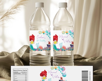 Little Mermaid Water Bottle Labels Any Age Girl Party Favors Juice Wrapper Editable Template