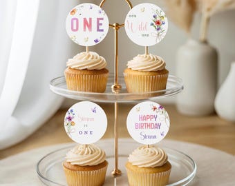 Wildflower Cupcake Toppers, Floral Boho Party Decor, Custom Circle Labels, Editable Canva Template