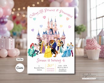 May include: A 5x7 inch invitation with a fairytale theme. The invitation features a pink castle, various fairytale characters, and the text "Calling All Princes & Princesses." It also includes party details for a 4th birthday.