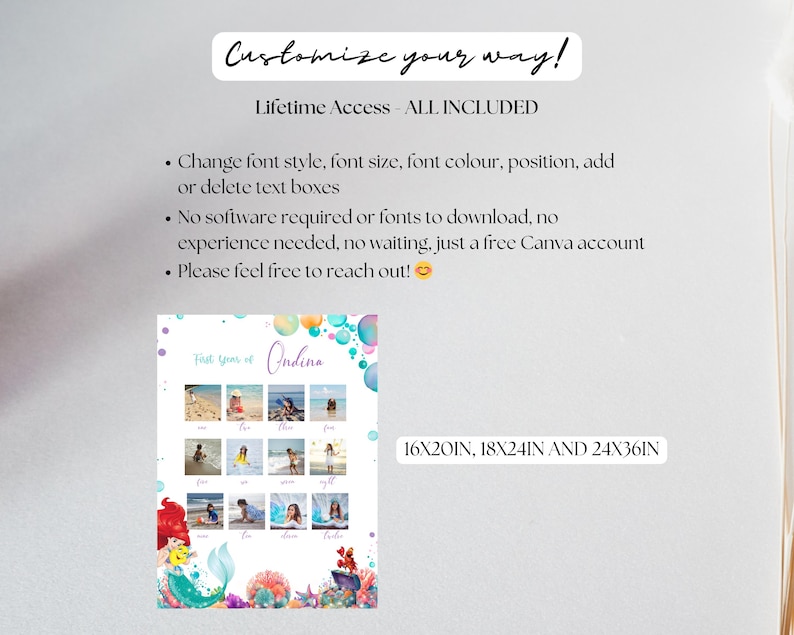Puede incluir: Un collage de fotos personalizable con tem&aacute;tica de sirenas con el texto "Customize your way!" y "Lifetime Access - ALL INCLUDED." El dise&ntilde;o incluye espacio para fotos, con tama&ntilde;os de 40,6x50,8cm, 45,7x61cm y 61x91,4cm.