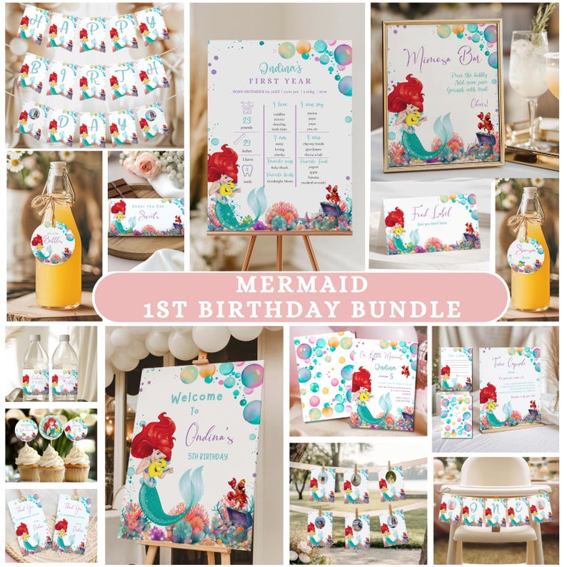 May include: A collection of mermaid-themed party decorations, including banners, signs, labels, and bottle tags. The designs feature a red-haired mermaid, bubbles, and coral. The text includes "Mermaid 1st Birthday Bundle" and "Welcome to Ondina's 5th Birthday".