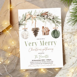 Editable Christmas Party Invitation, Boho Christmas Invite, Christmas Ornament Printable, Holiday Party Invitation, Rustic Christmas Invite