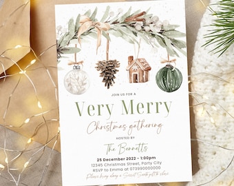 Editable Christmas Party Invitation, Boho Christmas Invite, Christmas Ornament Printable, Holiday Party Invitation, Rustic Christmas Invite