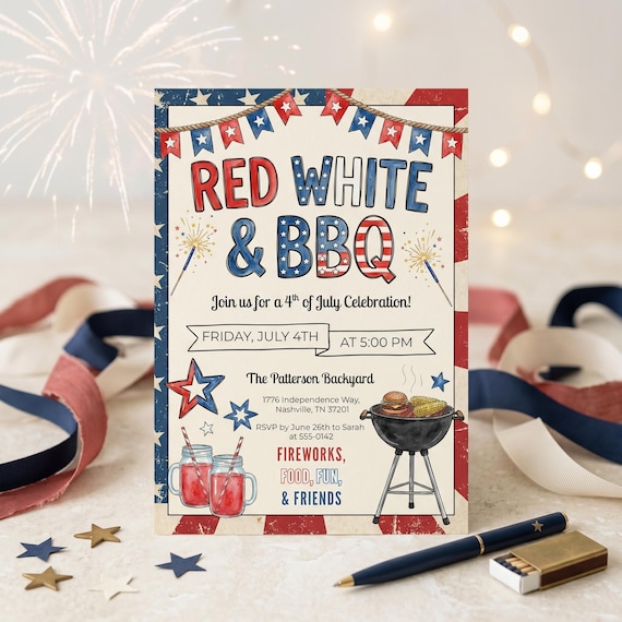 4th July BBQ Invitation Red White Patriotic Summer Cookout Gathering Celebration Custom Canva Template