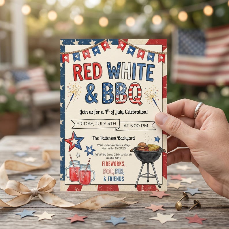 May include: A patriotic invitation for a 4th of July BBQ celebration. The design features red, white, and blue colors with text that reads "Red White & BBQ". Includes illustrations of fireworks, food, and stars. The invitation is held by a person.
