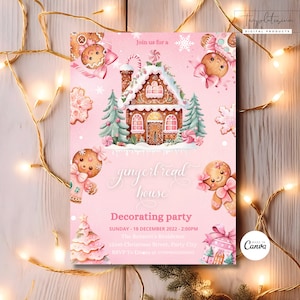 Editable Gingerbread House Decorating Party Invitation, Pink Gingerbread Cookie Decorating Card, Holiday Cookie Party Card Instant Download