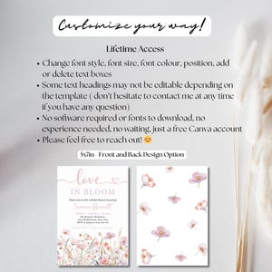 May include: A 5x7 inch printable invitation template with a floral design. The text reads "love in bloom" and features the name "Sunna Bennitt". The back of the invitation features a floral pattern.