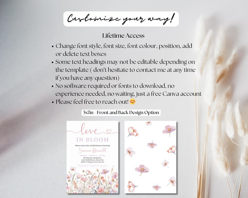 May include: A 5x7 inch printable invitation template with a floral design. The text reads "love in bloom" and features the name "Sunna Bennitt". The back of the invitation features a floral pattern.