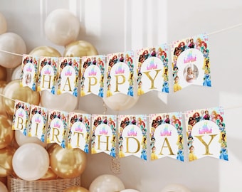 Princess Happy Birthday Banner Royal Party Decor Custom Bunting Canva Template Digital