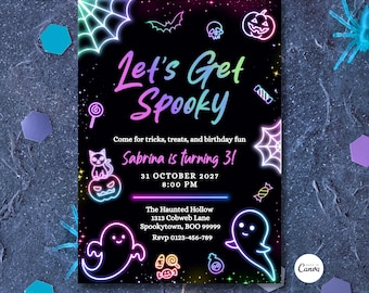 Editable Glow In The Dark Halloween Birthday Party Invitation Neon Halloween Birthday Glow Halloween Spooktacular Party Digitally Download