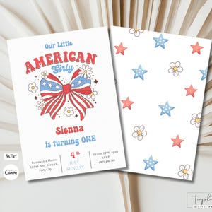 Bewerkbare 4 juli-feestuitnodiging afdrukbare Independence Day verjaardagsuitnodiging Coquette Bow rood wit en blauw patriottische groovy verjaardagskaart