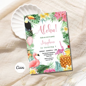 Invito di compleanno Aloha modificabile Festa di compleanno ananas Modello di compleanno hawaiano Invito di compleanno con fiori tropicali Download immediato