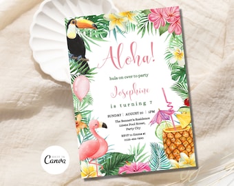 Editable Aloha Birthday Invitation Pineapple Birthday Party Hawaiian Birthday Template Tropical Flowers Birthday Invite Instant Download