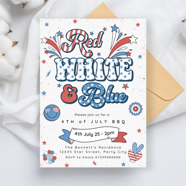 Editable 4th of July BBQ Invitation Template, Retro Fourth of July Card, Red White And Groovy Patriotic Invite, Summer BBQ, Instant Download