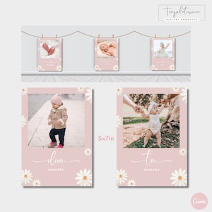 Editable Daisy Mensual Hito Tarjetas fotográficas Cumpleaños moderno Banner Decoración Imprimible Niña 1er año Floral Foto Banner Silla alta Daisy 01