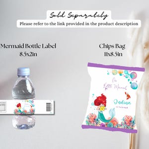 May include: A set of printable party favour labels featuring a mermaid design. The labels are for a water bottle and a chips bag. The bottle label is 8.5 inches by 2 inches and the chips bag label is 11 inches by 8.5 inches. The labels feature a mermaid with a purple tail, pink and orange coral, and a seahorse. The text on the labels reads "Our Little Mermaid" and "Indina is turning..."