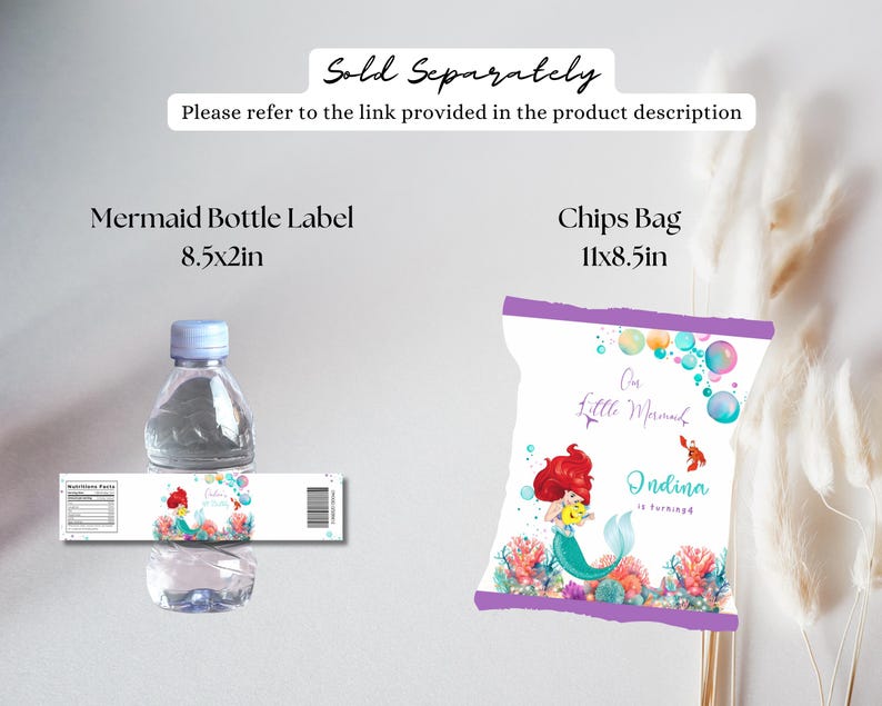 May include: A set of printable party favour labels featuring a mermaid design. The labels are for a water bottle and a chips bag. The bottle label is 8.5 inches by 2 inches and the chips bag label is 11 inches by 8.5 inches. The labels feature a mermaid with a purple tail, pink and orange coral, and a seahorse. The text on the labels reads "Our Little Mermaid" and "Indina is turning..."
