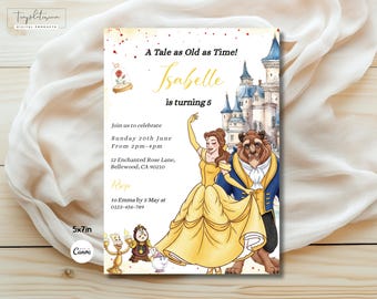 Invitación de La Bella y la Bestia para fiesta de cumpleaños de la Princesa Bella, plantilla personalizada en Cannondale, descarga digital