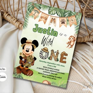Mickey Mouse Safari Wild One Invitation 1st Birthday Digital Download Editable Canva Template Theme