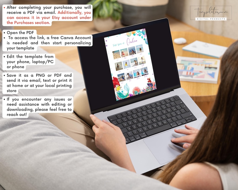 Puede incluir: Un ordenador port&aacute;til muestra una plantilla digital con un tema de sirenas. La pantalla muestra un dise&ntilde;o con fotos y texto. Las instrucciones para acceder y editar la plantilla son visibles en el lado izquierdo de la pantalla. El port&aacute;til est&aacute; en el regazo de una persona.