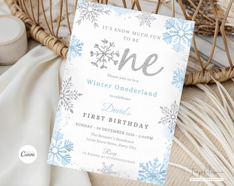 May include: A winter-themed first birthday invitation with a snowflake design. The invitation features the text "It's Snow Much Fun to Be One" and "Winter Onederland" in blue and silver. The invitation is for David's first birthday, with the date and time listed.