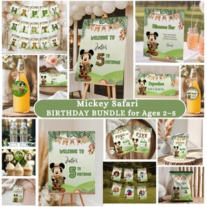 Pode incluir: Pacote de festa de aniversário Mickey Safari para idades de 2 a 5 anos. Inclui banners, letreiros, toppers de cupcake, convites e muito mais. Apresenta Mickey Mouse em traje de safari com decorações temáticas de selva.