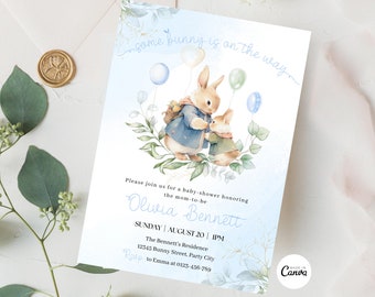 EDITABLE Bunny Rabbit Baby Shower Invitation, Rustic Bunny Party Invite, Boy Shower Invite, Bunny Baby Shower Template, Instant Download