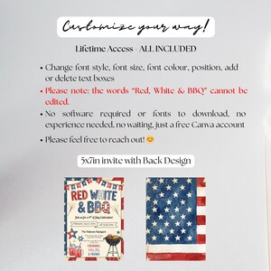 May include: A digital invitation design for a 4th of July celebration, featuring a red, white, and blue color scheme. The design includes the text "Red White & BBQ" and a watercolor American flag. The invitation is 5x7 inches.