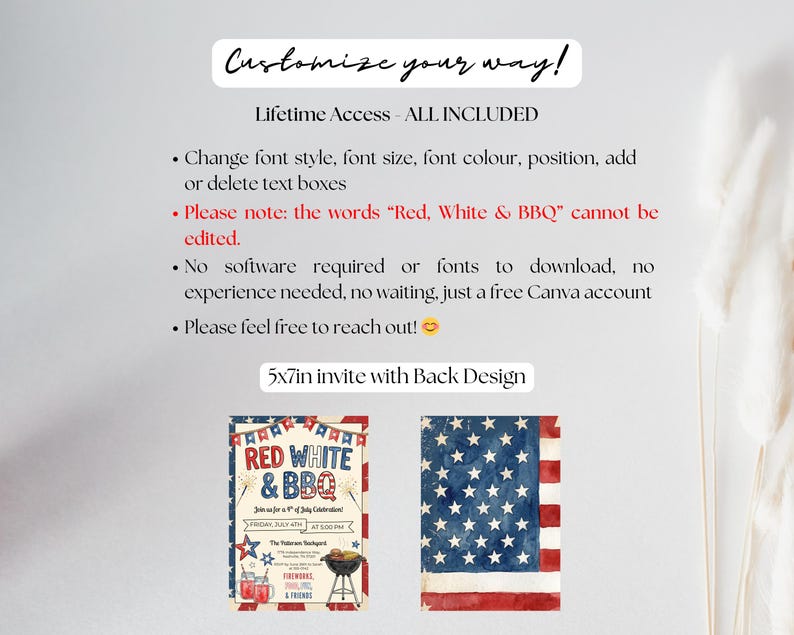 May include: A digital invitation design for a 4th of July celebration, featuring a red, white, and blue color scheme. The design includes the text "Red White & BBQ" and a watercolor American flag. The invitation is 5x7 inches.