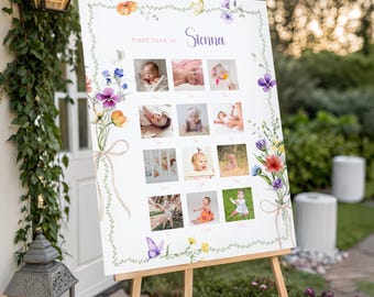 Wildflower Milestone Photo Board, Floral Boho Birthday Decor, Custom 12 Month Picture Sign Template