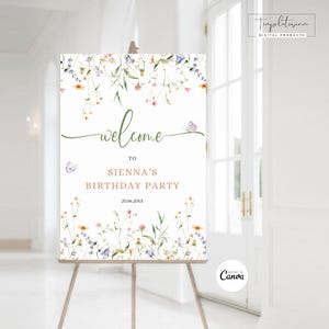 May include: A welcome sign for a birthday party with a floral design. The sign says "Welcome to Sienna's Birthday Party 20.06.20XX".