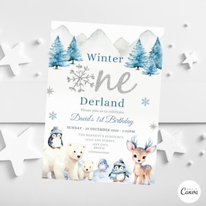 Invito modificabile Winter Onederland, invito per festa di compleanno del primo anno di Wonderland Boy, animali artici dell'orso polare, modello di invito della foresta boschiva