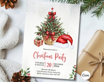 May include: Christmas party invitation with a watercolor illustration of a decorated Christmas tree in a basket, a Santa hat, and a wrapped gift. The invitation text reads "Christmas Party" with event details.