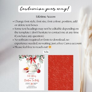 May include: A festive Christmas Tea Party invitation template with a watercolor teapot, red bow, and berries. The invitation is 5x7 inches and includes the text "Customize your way!" and "Christmas Tea Party".