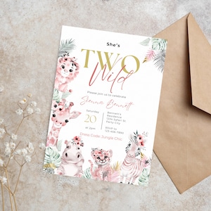 Editable Safari Birthday Invitation, Girl Pink Two Wild Invitation, Jungle Animals Invitation, 2nd Birthday Invitation, Safari Template Card