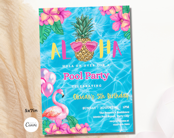 May include: A blue and pink pool party invitation with a pineapple wearing sunglasses and the text "Aloha" in pink and yellow letters. The invitation says "Hula on over for a Pool Party celebrating Olivia's 5th Birthday".