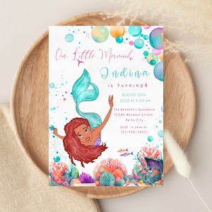 Faire-part d'anniversaire modifiable petite sirène, modèle d'invitation d'anniversaire Ariel, carte la petite sirène, Invitation numérique princesse Ariel