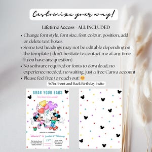 May include: A digital birthday invitation template featuring Mickey and Minnie Mouse. The front shows the characters with balloons, and the back has a polka dot design with Mickey Mouse silhouettes. Text includes "Customize your way!" and "Grab your ears".