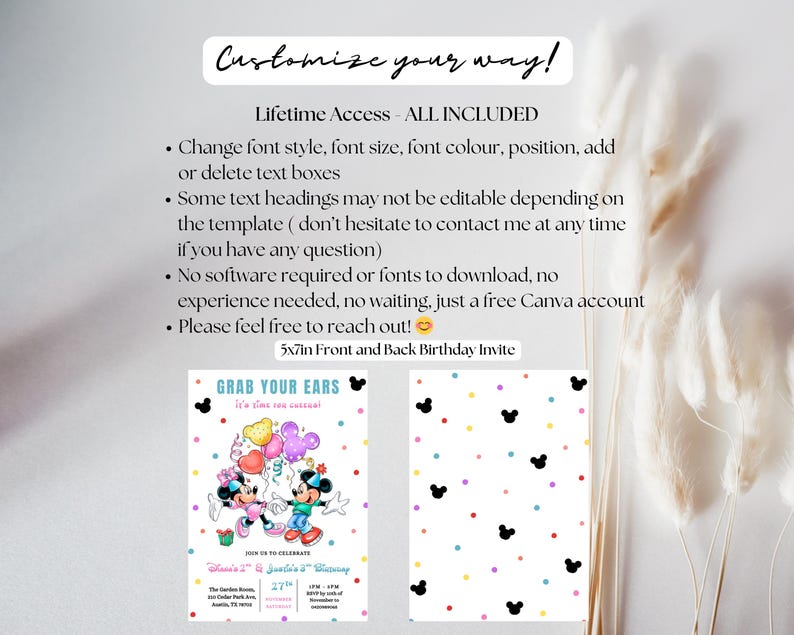 May include: A digital birthday invitation template featuring Mickey and Minnie Mouse. The front shows the characters with balloons, and the back has a polka dot design with Mickey Mouse silhouettes. Text includes "Customize your way!" and "Grab your ears".