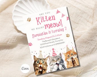 Editable Cat Invitation, Cute Cats Birthday Invite, Kitty Cat Birthday Party, Let's Pawty, Are You Kitten Me Right Meow, Digital Template