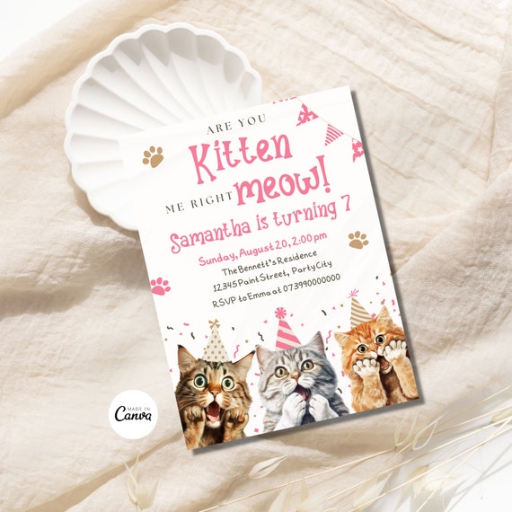 Editable Cat Invitation, Cute Cats Birthday Invite, Kitty Cat Birthday Party, Let's Pawty, Are You Kitten Me Right Meow, Digital Template