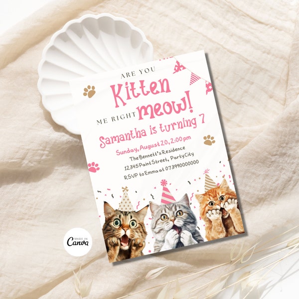 Editable Cat Invitation, Cute Cats Birthday Invite, Kitty Cat Birthday Party, Let's Pawty, Are You Kitten Me Right Meow, Digital Template