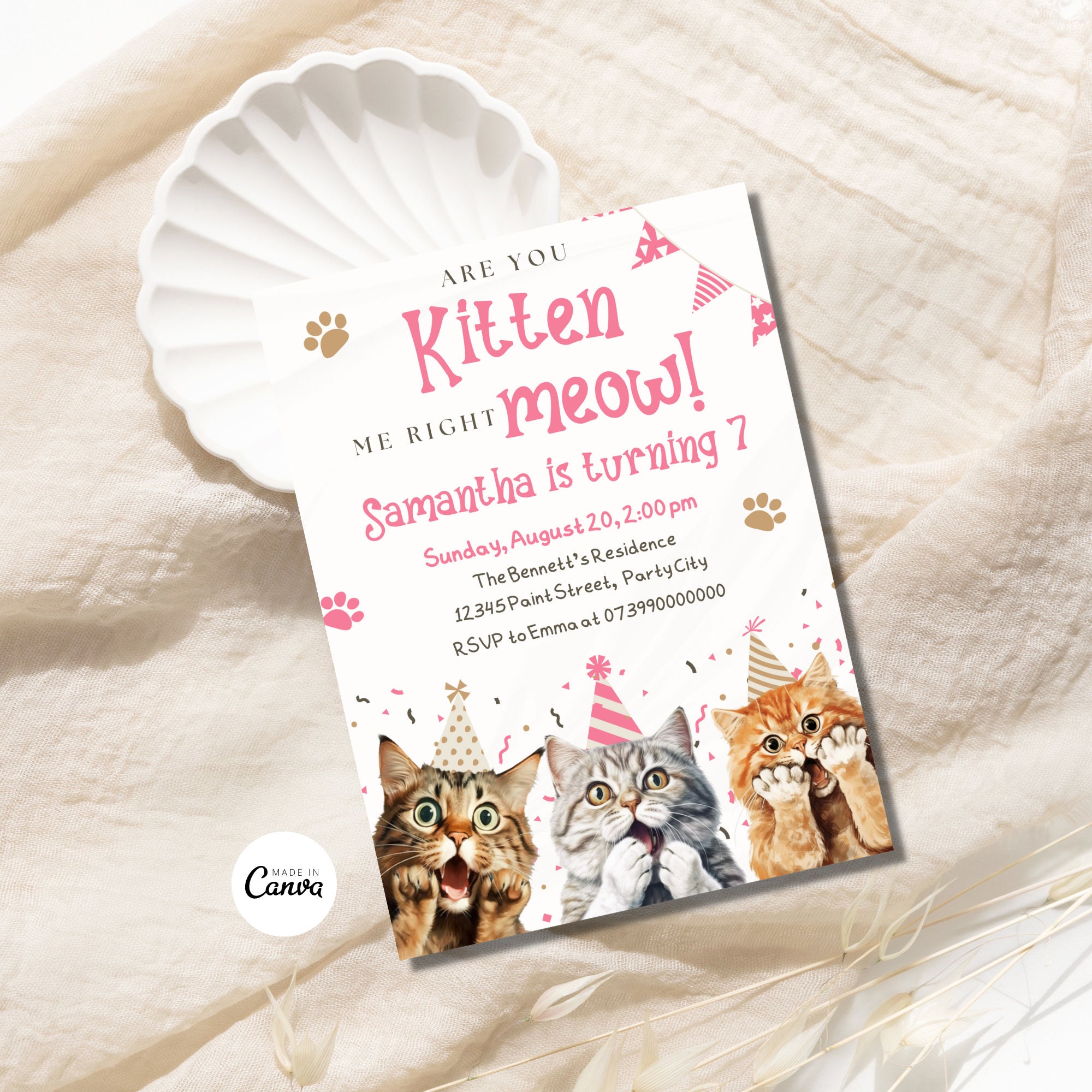 Invito a tema gatto modificabile, invito di compleanno con gattini carini, festa di compleanno con gattini, facciamo festa, hai ragione, miagolio?, modello digitale