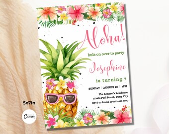 Editable Aloha Birthday Invitation Pineapple Birthday Party Hawaiian Birthday Template Tropical Flowers Birthday Invite Instant Download