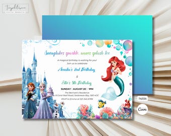 Invitación doble de cumpleaños con temática de Frozen y Ariel. Plantilla personalizada de Canva para descargar e imprimir.