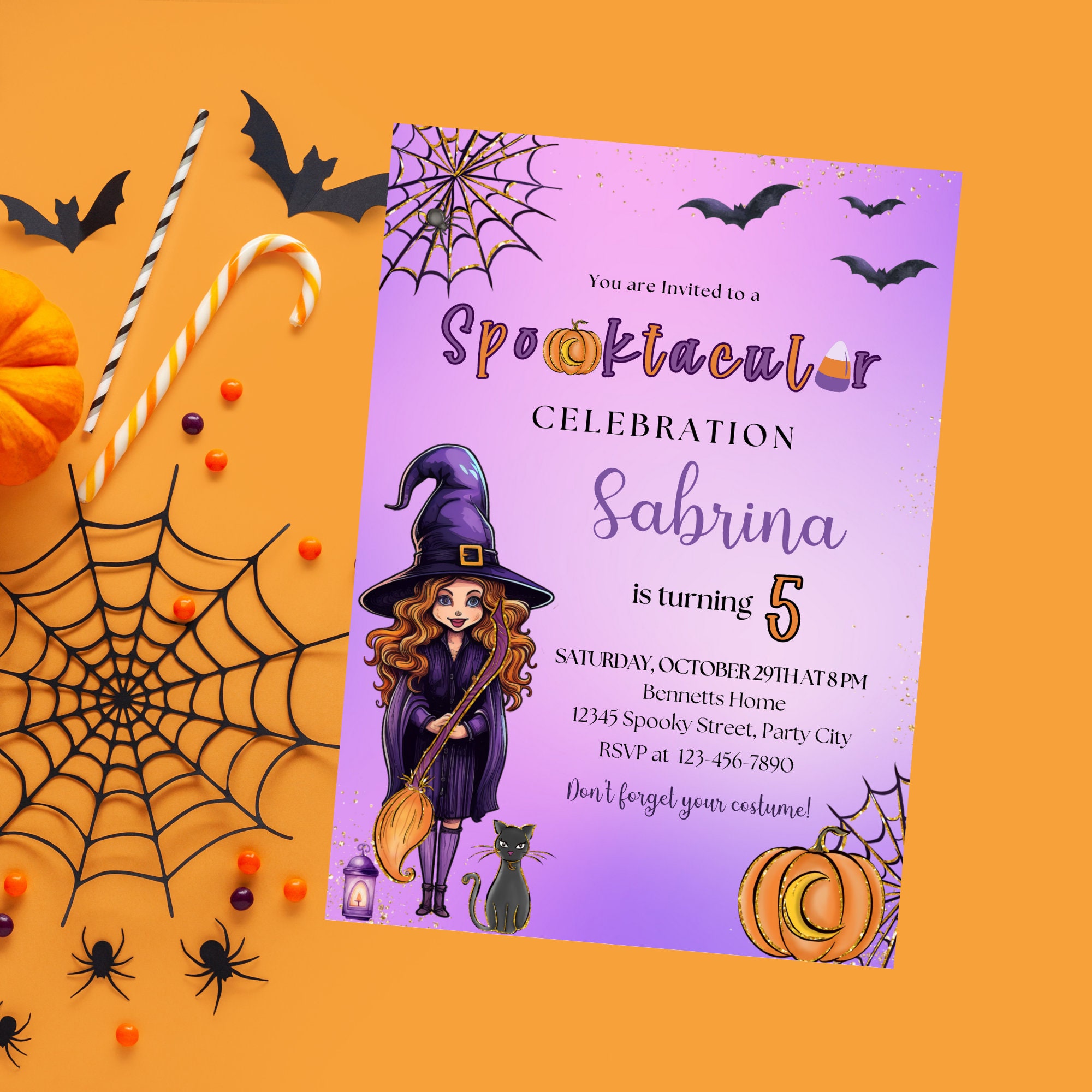 Editable Halloween Birthday Invitation Girl Witch Halloween Etsy