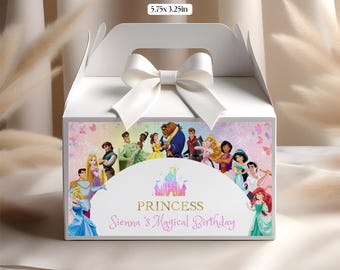 May include: White gift box with a white satin bow. The box features a colourful illustration of Disney princesses and the text "Princess Sienna's Magical Birthday". The box measures 14.6 x 8.3 cm.